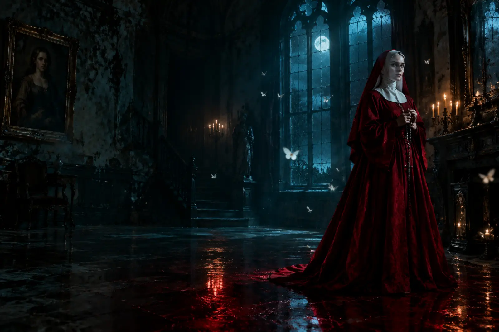 A red-robed figure in a teal-lit Italian manor hall, with moths and candles